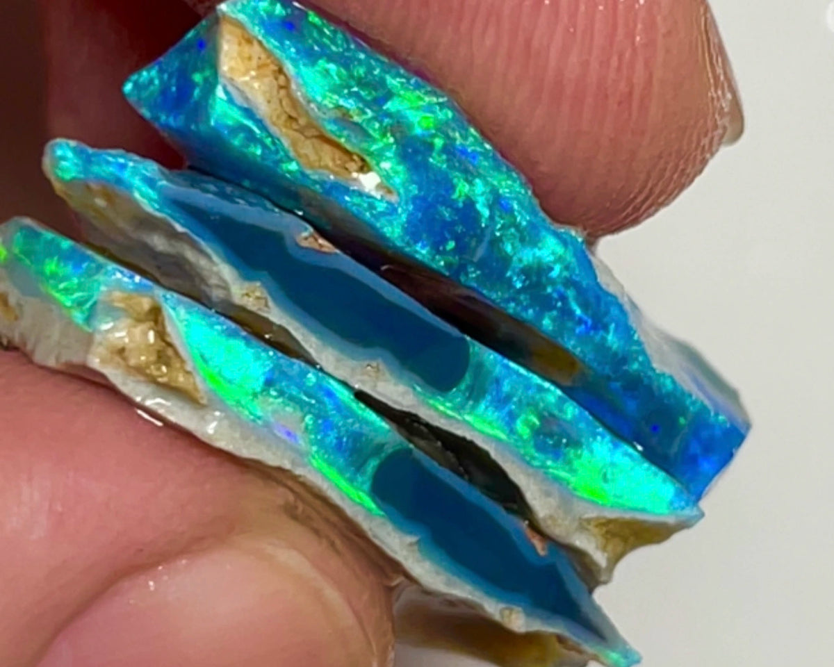 Lightning Ridge Gorgeous Seam opal rough Trio 24.75cts Gorgeous Bright Green/Blue dominant Fires to cut 24x16x4mm to 23x12x3mm NEW946