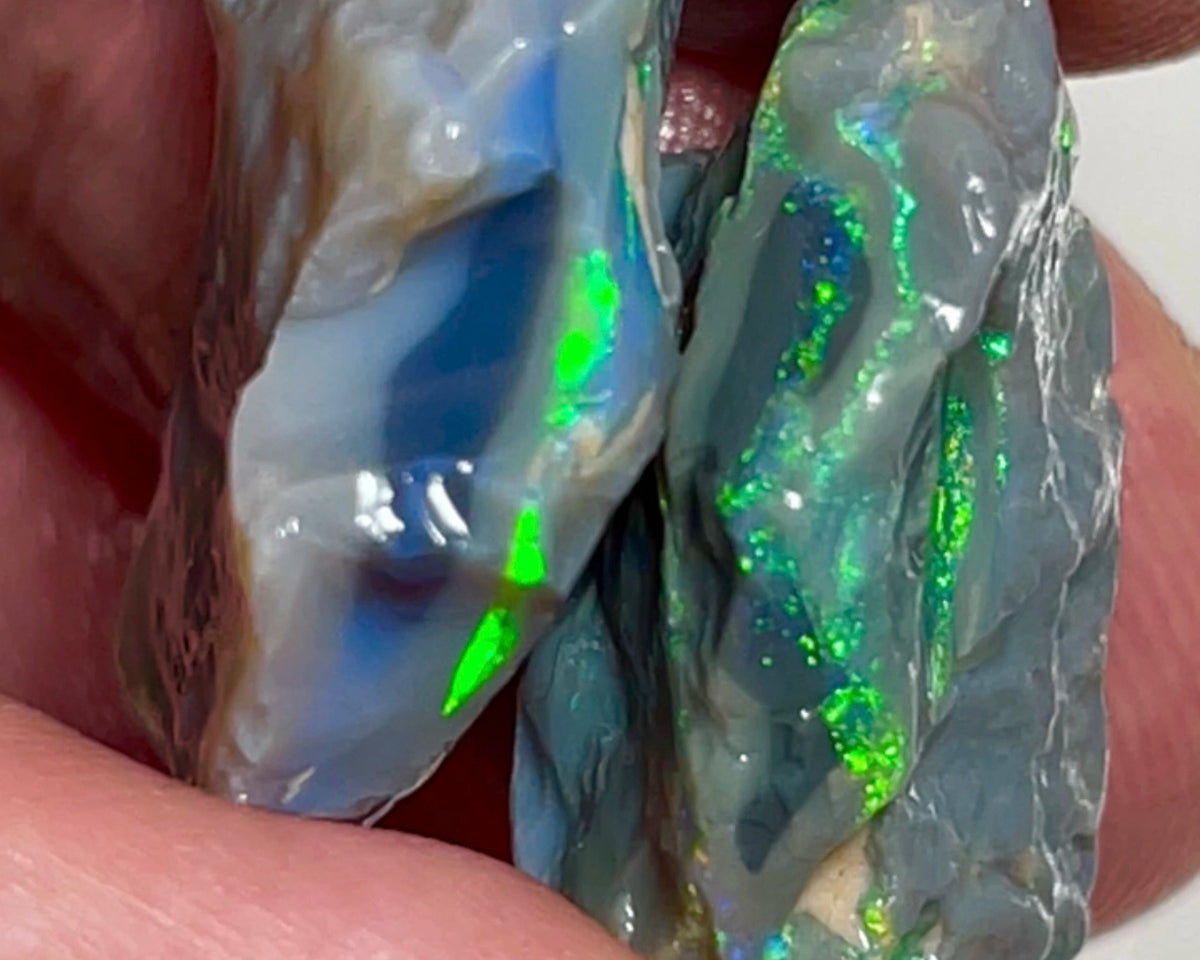 Lightning Ridge Multicolour Black/Dark Knobby pair 32.25cts Highly Visible bars Bright Yellow/Green Dominant M.Fires to cut 24x17x10 & 23x18x6mm NEW966