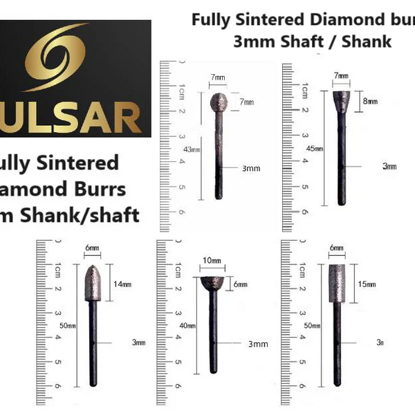 5 piece set Fully Sintered Diamond Industrial carving burrs 5 x Grinding Head shapes and all are 3mm Shanked fit Dremel & other Multitools with 3mm fittings