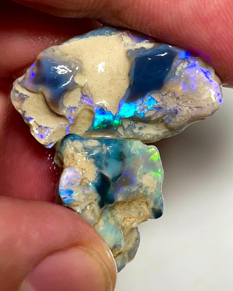 Lightning Ridge 28cts Nice pair of Dark base Crystal Opal formations rough to cut/carve Gorgeous Bright Multicolours 27x18x7 & 18x15x8mm NSW140