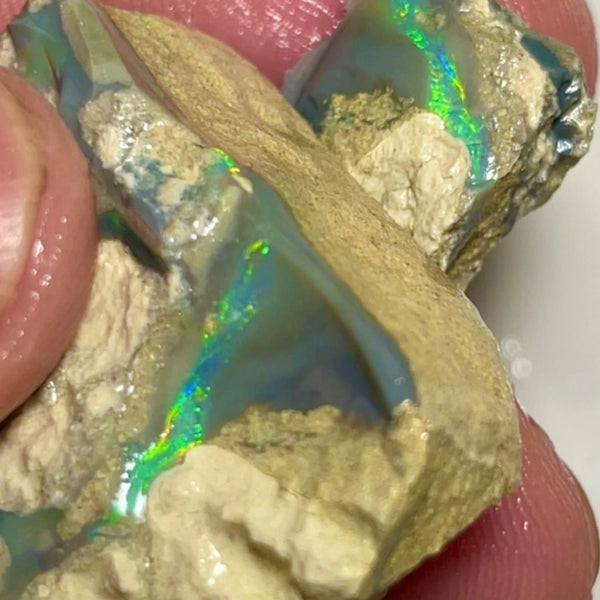 Bling Huge Grawin Dark base Multicolour Seam opal formation split pair 120.00cts Exotic Bright Vibrant Green dominant M.fires Sand/clay host rock Own a piece of Grawin 35x30x17 & 25x17x9 mm NSW070