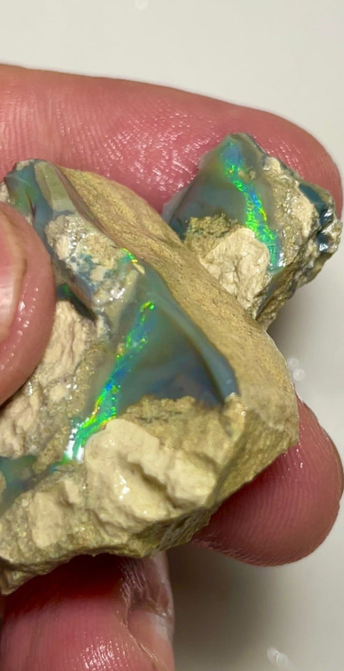Bling Huge Grawin Dark base Multicolour Seam opal formation split pair 120.00cts Exotic Bright Vibrant Green dominant M.fires Sand/clay host rock Own a piece of Grawin 35x30x17 & 25x17x9 mm NSW070
