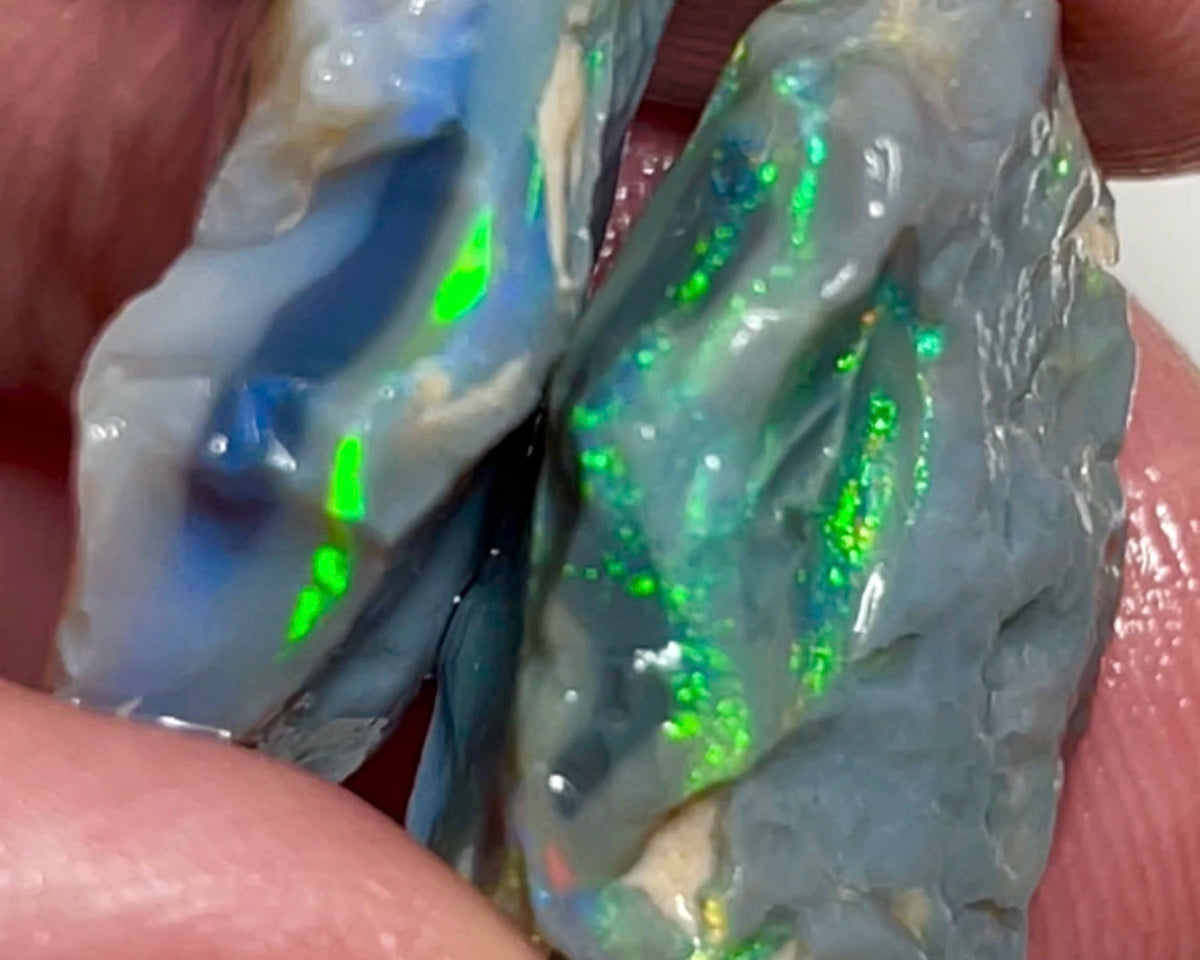 Lightning Ridge Multicolour Black/Dark Knobby pair 32.25cts Highly Visible bars Bright Yellow/Green Dominant M.Fires to cut 24x17x10 & 23x18x6mm NEW966