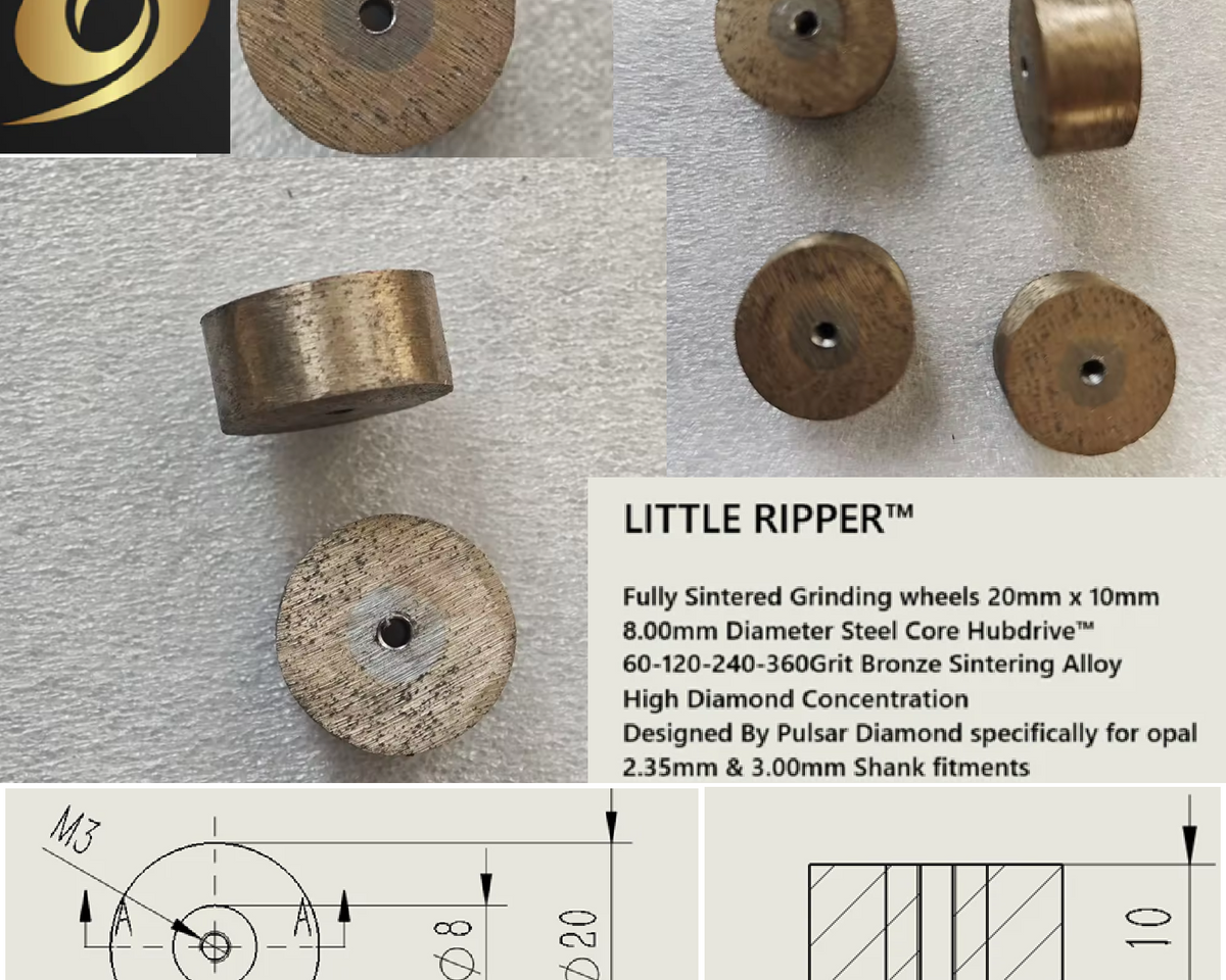 New for 2025 PULSAR DIAMOND® Fully Sintered Grinding wheels 20mm x 10mm 60 Grit Bronze High Diamond Concentration Designed for opal LITTLE RIPPER™ Hubdrive™ M3 Screw on Grinding/Burr wheels Lapidary rotary tools carving 2.35mm or 3.00mm shanks