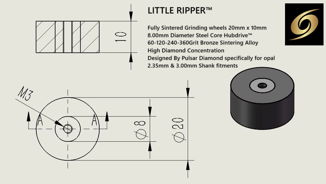 New for 2025 PULSAR DIAMOND® Fully Sintered Grinding wheels 20mm x 10mm 60 Grit Bronze High Diamond Concentration Designed for opal LITTLE RIPPER™ Hubdrive™ M3 Screw on Grinding/Burr wheels Lapidary rotary tools carving 2.35mm or 3.00mm shanks