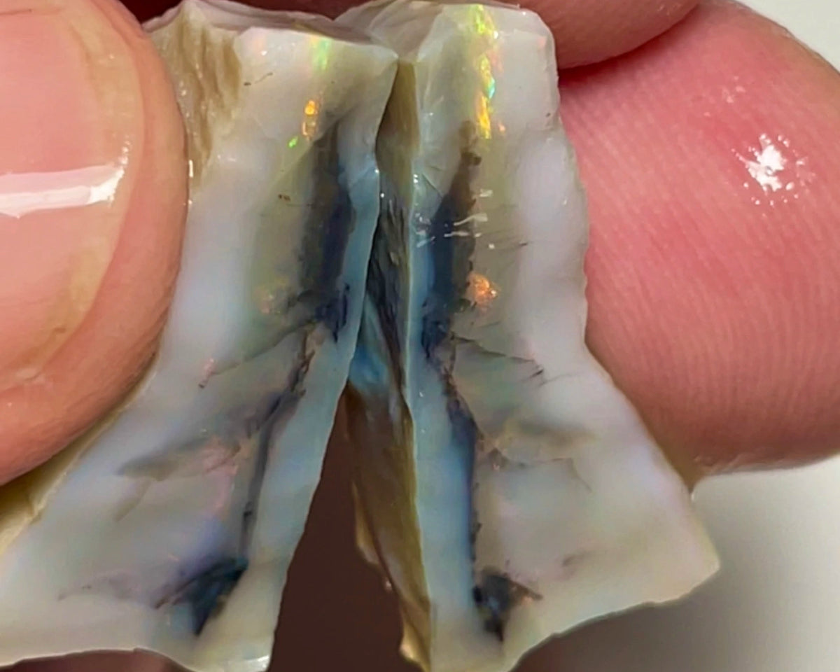 Gorgeous Dark Base Seam rough split pair 31.00cts Yellow dominant Multifires bits of reds showing lots of potential  26x8x8 & 26x7x6mm NSW121
