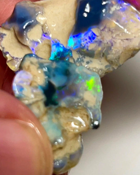 Lightning Ridge 28cts Nice pair of Dark base Crystal Opal formations rough to cut/carve Gorgeous Bright Multicolours 27x18x7 & 18x15x8mm NSW140