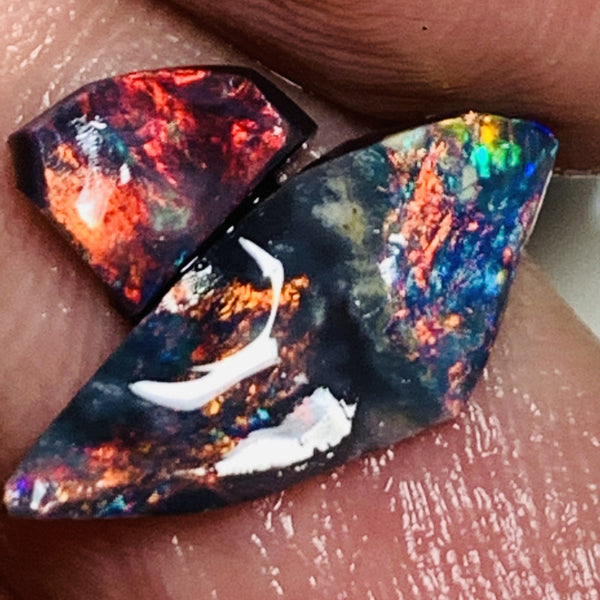 Australian Opal Rubs Pair Black Bases Rough / Rubs 2.3cts Gorgeous Exposed Faces with mostly Reds fires 18x7x2mm & 6x5x3mm WSP63