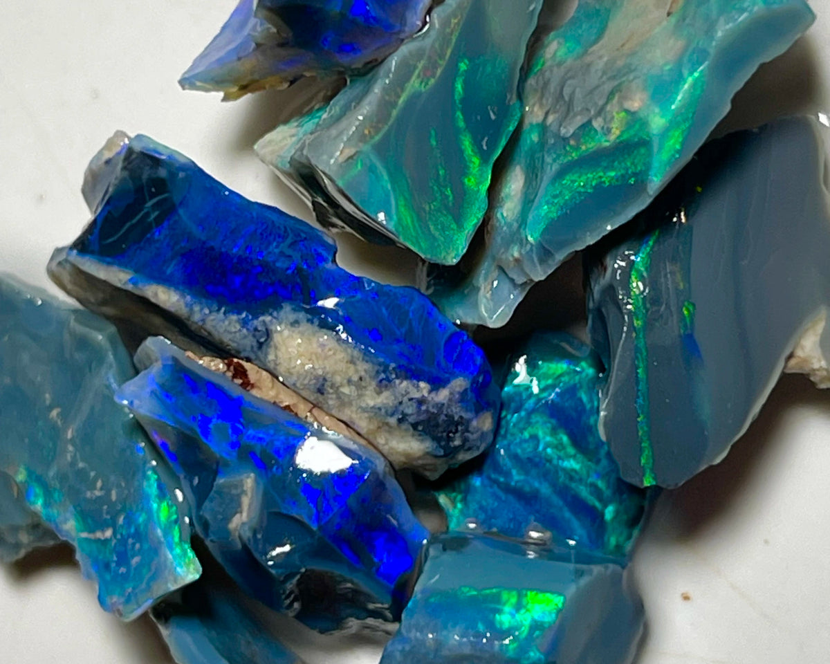 Mulga® Cutters Black Seam opal rough parcel 64.50cts Wee Warra Plains Gorgeous Bright Multicolours & full of potential 24x12x4 to 11x7x3mm NEW912