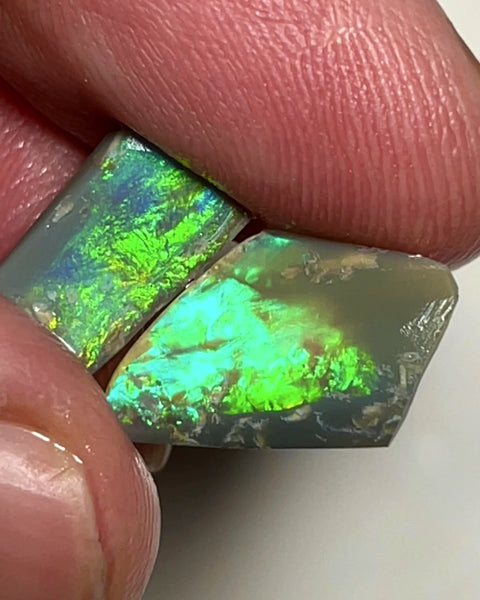 Australian Opal Rubs rough Pair 3.25cts Green dominant Bright Vivid Multifires to faces 12x9xx1 & 12x7x2MMs WAE67