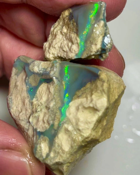 Bling Huge Grawin Dark base Multicolour Seam opal formation split pair 120.00cts Exotic Bright Vibrant Green dominant M.fires Sand/clay host rock Own a piece of Grawin 35x30x17 & 25x17x9 mm NSW070