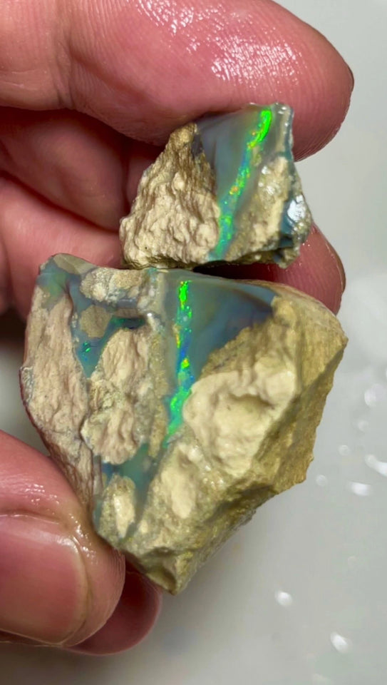 Bling Huge Grawin Dark base Multicolour Seam opal formation split pair 120.00cts Exotic Bright Vibrant Green dominant M.fires Sand/clay host rock Own a piece of Grawin 35x30x17 & 25x17x9 mm NSW070