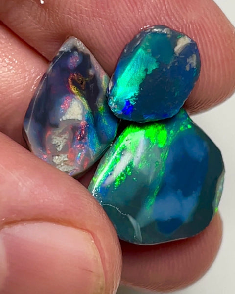 Lightning Ridge Black opal rubs/rough Trio 14.10cts Gorgeous faces with Multifires including some reds 18x14x4mm to 12x7x1.5mm NSW120