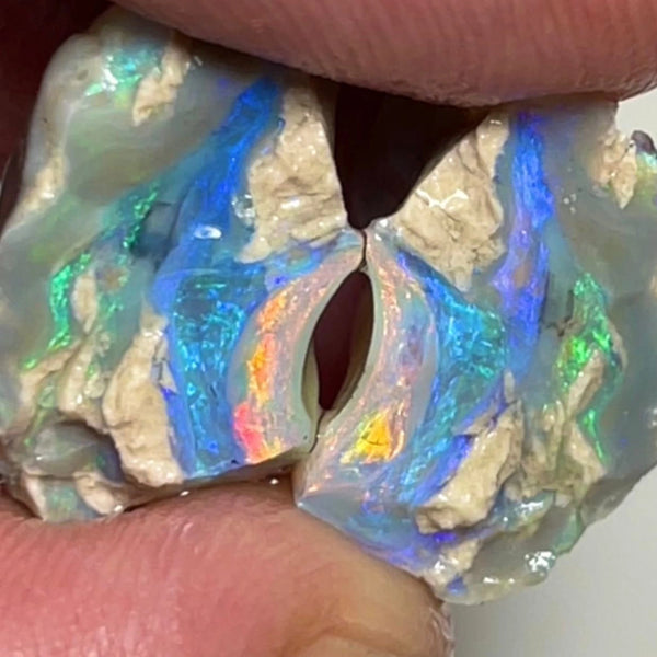 Stunning Lightning Ridge Dark Base Knobby opal rough split 16.95cts Bright Orange/blue/Green Dominant fires to cut & polish 17x10x9 & 16x10x10mm NSW149