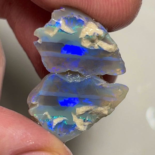 Lightning Ridge Dark Crystal Knobby opal rough split 15.50cts Bright Blue bars to cut 19x15x13 & 15x14x13 mm NSW081