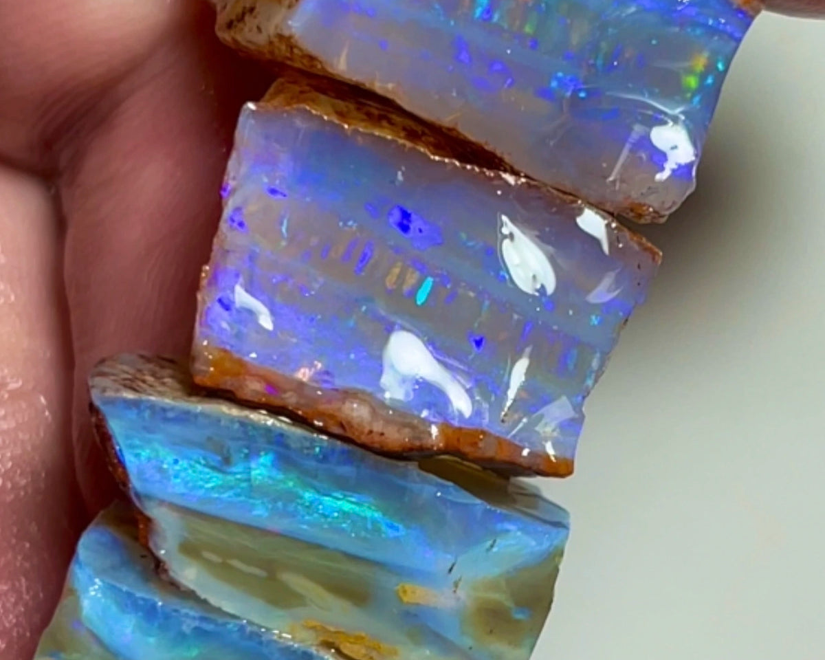 Wow Huge Stack of Gemmy Coober Pedy Seam opal rough 113.50cts Thick bars loaded with Blue dominant fires Yellow/oranges/Red here to cut  20x20x10 to 20x12x7mm NEW926