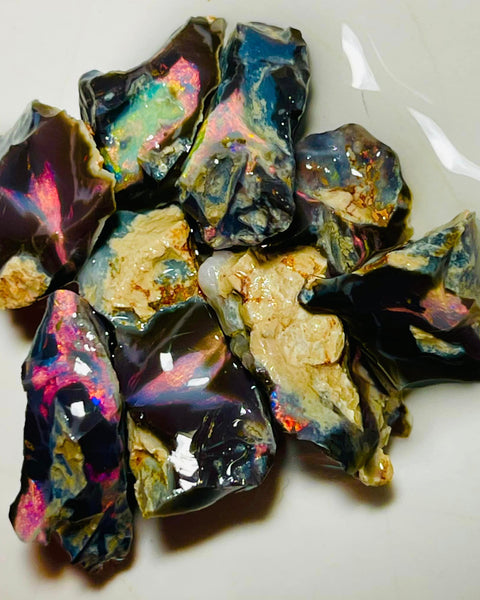 Mulga® Reds on Black/Dark Seam opal parcel 42cts Red Dominant Multifires to cut 20x9x8mm to 10x10x5mm  MFB26