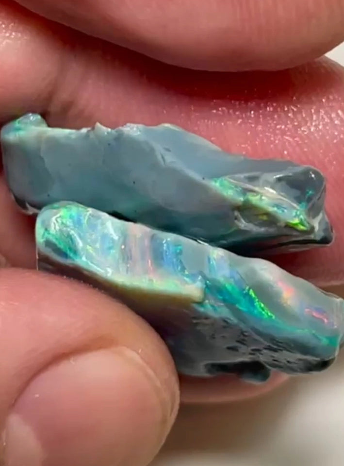 Mulga® Dark base seam opal rough Green/Yellow/Pinks/Oranges dominant fires 28.75cts Wee Warra plains Material To cut  28x23x4 & 28x15x3 mm NEW942