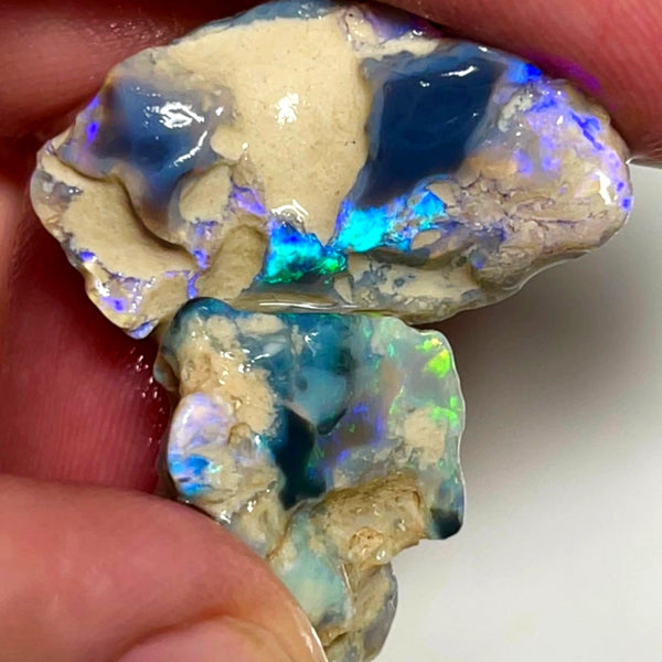 Lightning Ridge 28cts Nice pair of Dark base Crystal Opal formations rough to cut/carve Gorgeous Bright Multicolours 27x18x7 & 18x15x8mm NSW140
