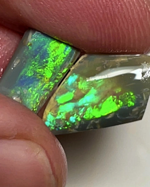 Australian Opal Rubs rough Pair 3.25cts Green dominant Bright Vivid Multifires to faces 12x9xx1 & 12x7x2MMs WAE67
