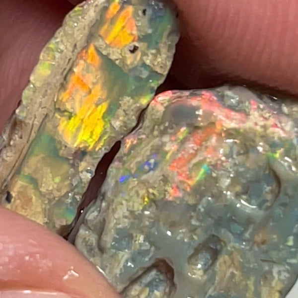 Lightning Ridge Rough Opalised Wood Fossil Rough pair 8.75cts  Orange/Yellow/Red Dominant M.fires 14x13x3mm & 17x5x3mm NSW134