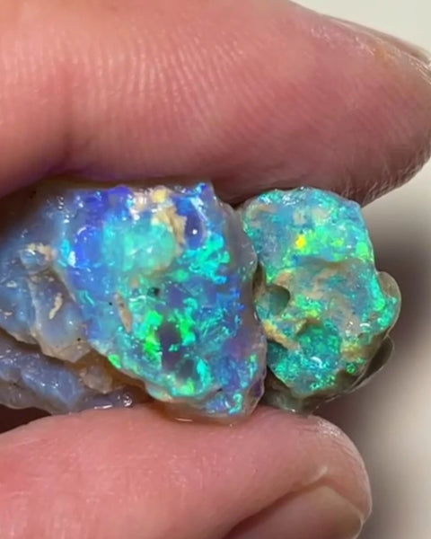 Coocoran Dark Crystal Knobby opal rough pair to cut 23.95cts Gorgeous Bright Green/blue dominant fires to cut 23x16x7mm & 18x14x8mm NEW954