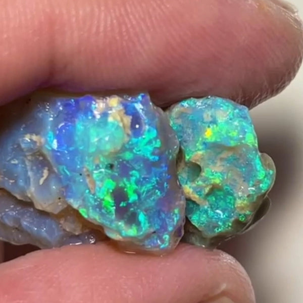 Coocoran Dark Crystal Knobby opal rough pair to cut 23.95cts Gorgeous Bright Green/blue dominant fires to cut 23x16x7mm & 18x14x8mm NEW954
