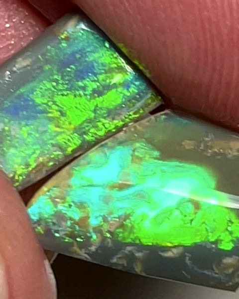 Australian Opal Rubs rough Pair 3.25cts Green dominant Bright Vivid Multifires to faces 12x9xx1 & 12x7x2MMs WAE67