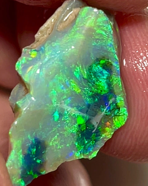 Mulga® Gem Dark/Crystal Seam opal rough 6.65cts Wee Warra Plains Very Exotic Bright Green / Yellow Dominant Multi Fires  rough to cut  18.00x 11.00x 4.00mm NEW930