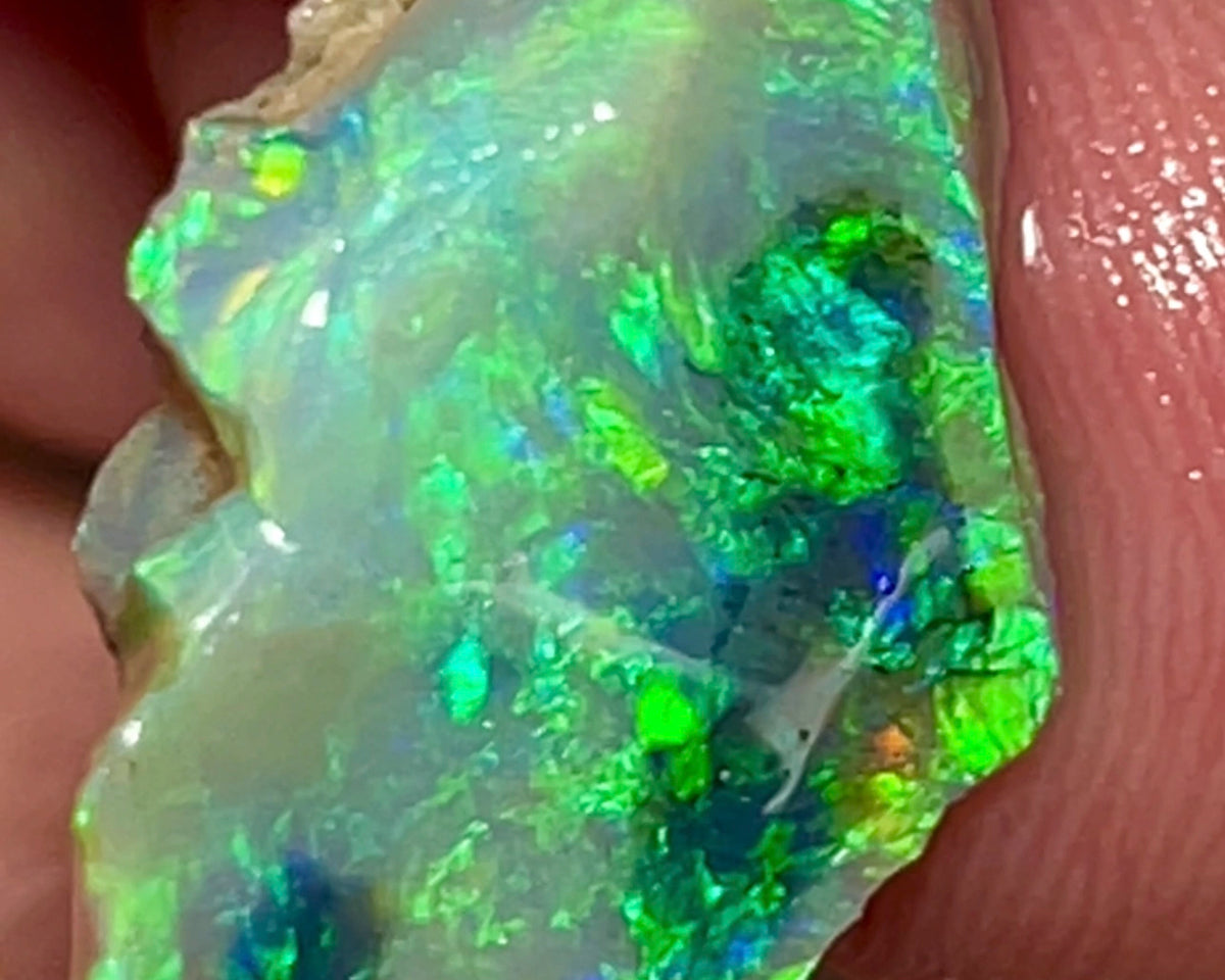 Mulga® Gem Dark/Crystal Seam opal rough 6.65cts Wee Warra Plains Very Exotic Bright Green / Yellow Dominant Multi Fires  rough to cut  18.00x 11.00x 4.00mm NEW930
