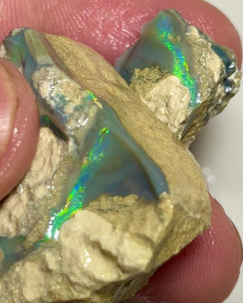 Bling Huge Grawin Dark base Multicolour Seam opal formation split pair 120.00cts Exotic Bright Vibrant Green dominant M.fires Sand/clay host rock Own a piece of Grawin 35x30x17 & 25x17x9 mm NSW070