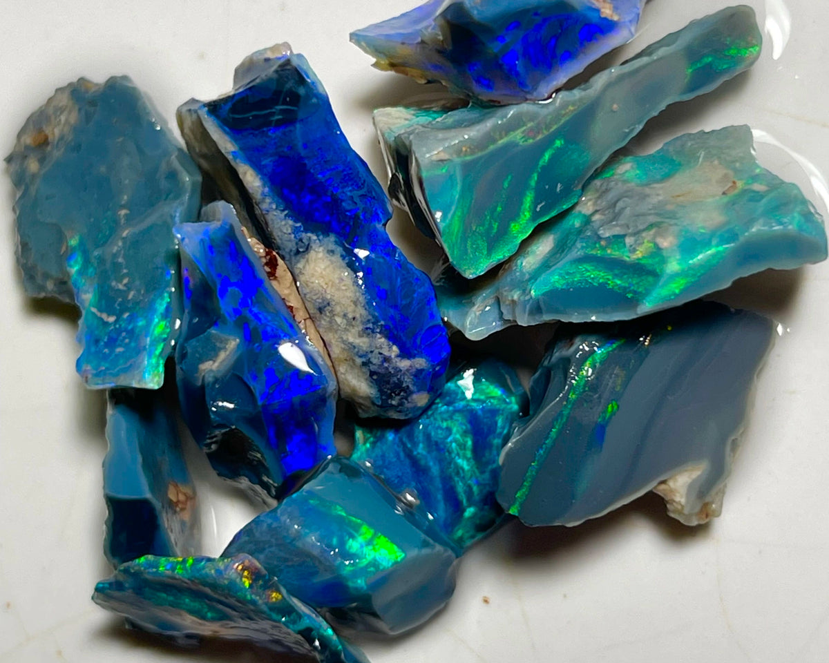 Mulga® Cutters Black Seam opal rough parcel 64.50cts Wee Warra Plains Gorgeous Bright Multicolours & full of potential 24x12x4 to 11x7x3mm NEW912