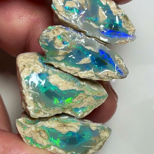 Lightning Ridge knobby opal rough 2 pairs of splits 59.00cts Gorgeous Green Blue dominant Multicolours to cut 23x15x12 to 20x12x8mm NSW089