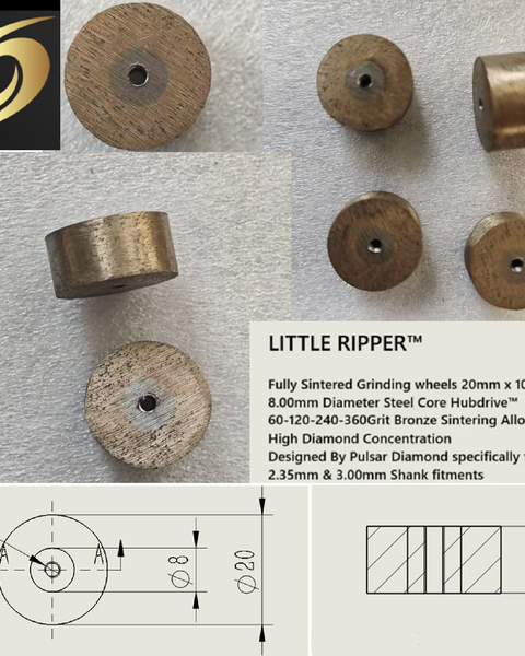 New for 2025 PULSAR DIAMOND® Fully Sintered Grinding wheels 20mm x 10mm 360 Grit Bronze High Diamond Concentration Designed for opal LITTLE RIPPER™ Hubdrive™ M3 Screw on Grinding/Burr wheels Lapidary rotary tools carving 2.35mm or 3.00mm shanks