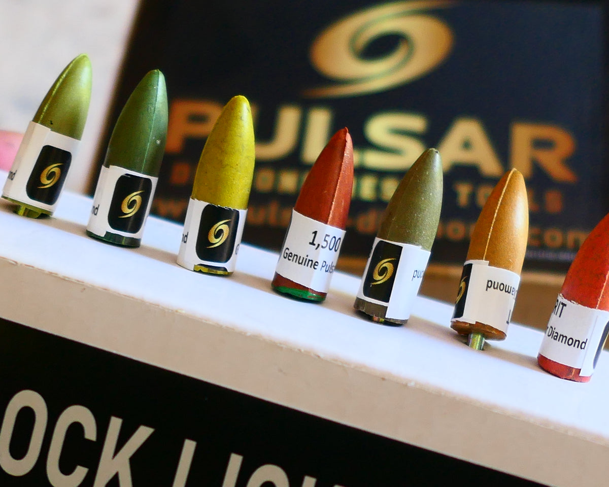 PULSAR DIAMOND™ RESIN POINTS MK2'S COLOUR CODED LAPIDARY TURBO RESIN BURRS FOR DREMEL & ROTARY TOOLS 3MM SHAFT SET of 7 GRITS