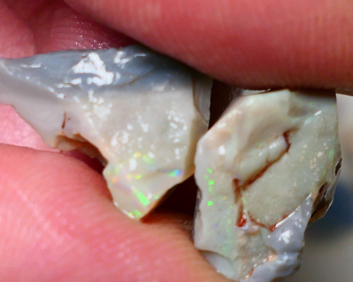 Lightning Ridge Rough Opal pair 14cts Gamble Dark Base Seam some Multifires showing 17x13x9mm & 17x15x5mm NS006