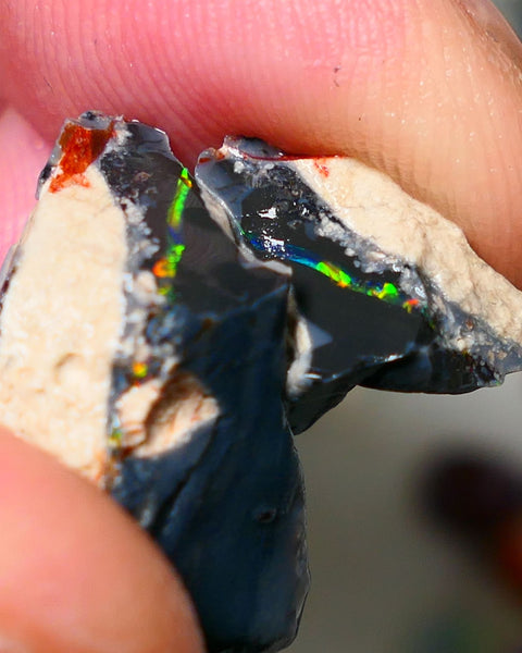 Mulga® Reds on Black Seam opal  split pair 29cts Red & Multifires to cut 26x19x12mm & 14x11x9mm NSW017