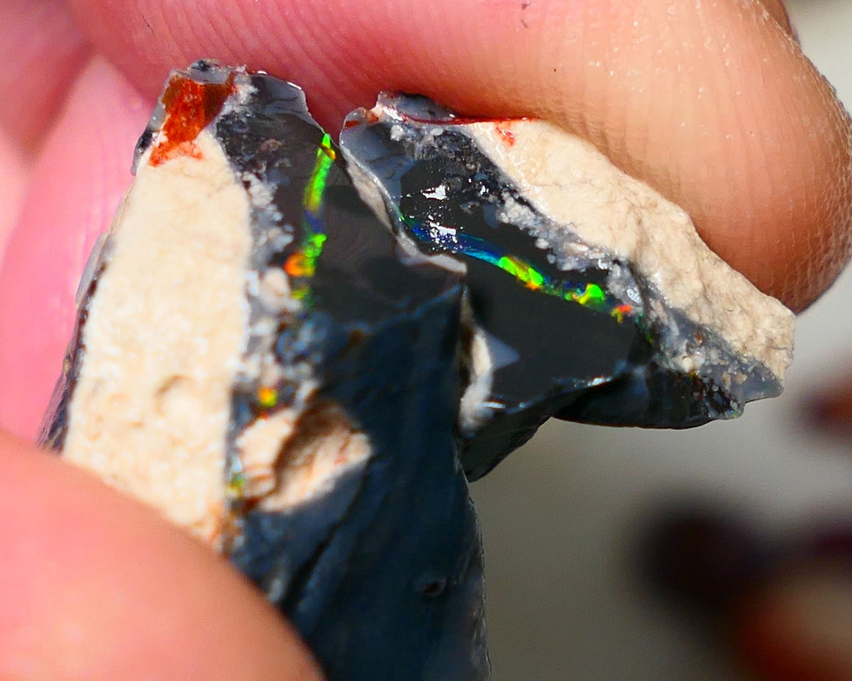 Mulga® Reds on Black Seam opal  split pair 29cts Red & Multifires to cut 26x19x12mm & 14x11x9mm NSW017