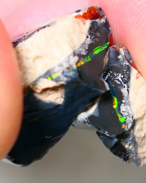 Mulga® Reds on Black Seam opal  split pair 29cts Red & Multifires to cut 26x19x12mm & 14x11x9mm NSW017