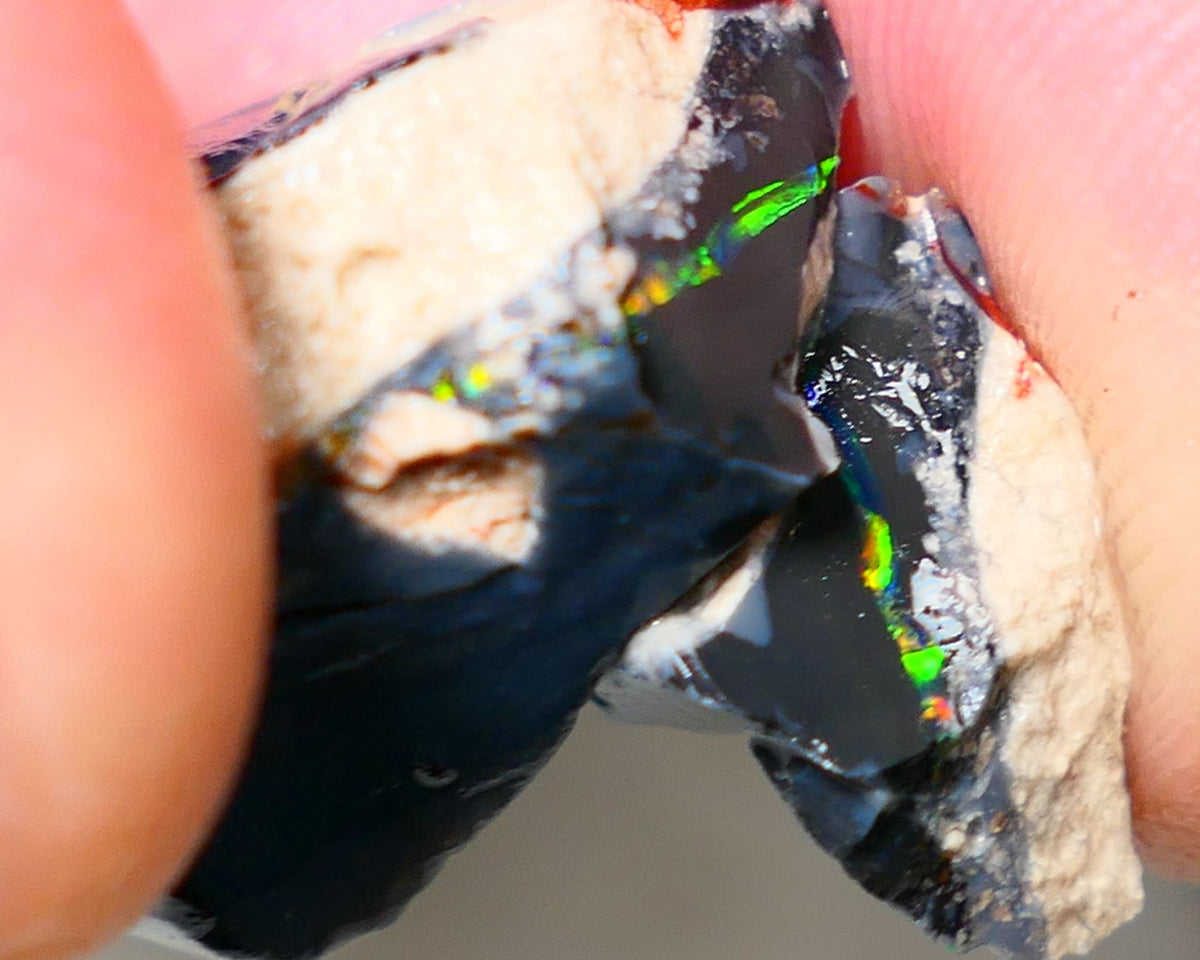 Mulga® Reds on Black Seam opal  split pair 29cts Red & Multifires to cut 26x19x12mm & 14x11x9mm NSW017