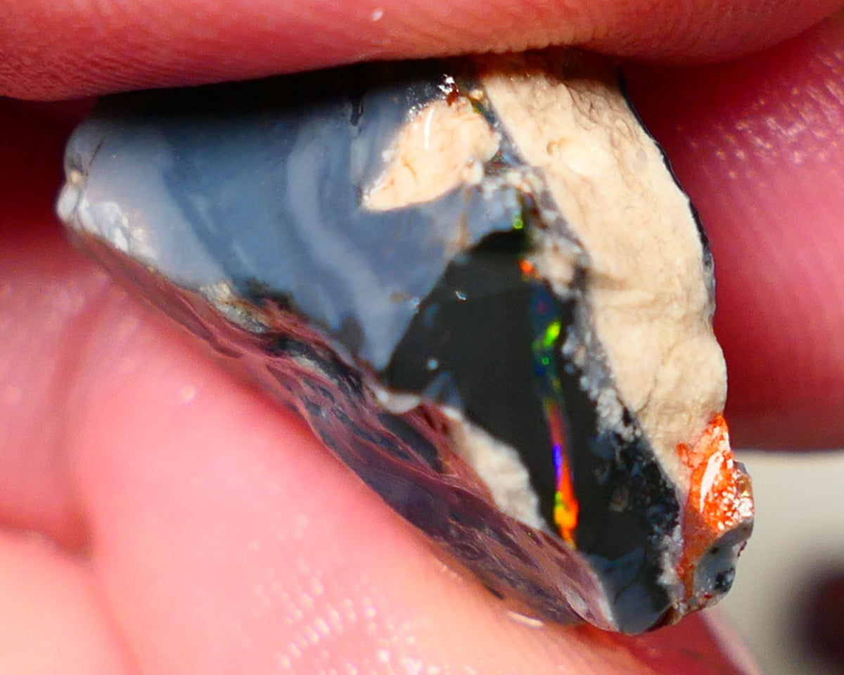 Mulga® Reds on Black Seam opal  split pair 29cts Red & Multifires to cut 26x19x12mm & 14x11x9mm NSW017
