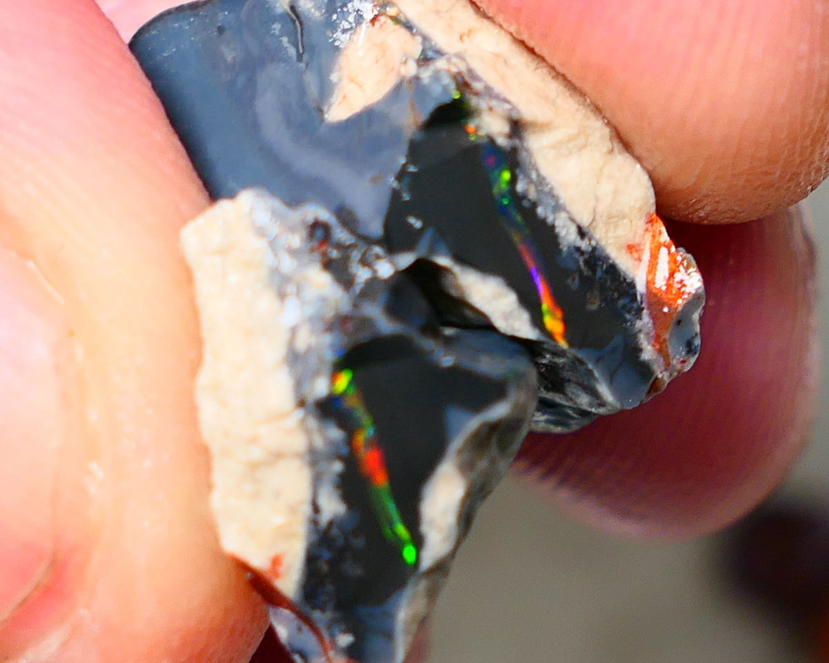 Mulga® Reds on Black Seam opal  split pair 29cts Red & Multifires to cut 26x19x12mm & 14x11x9mm NSW017