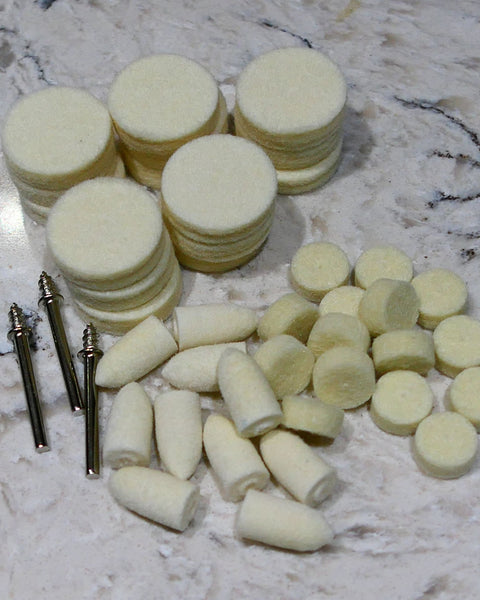 PULSAR DIAMOND™ Felt/Wool Polishing Kit 43pcs Large/small wheels & Bullets  including 3.00mm Mandrel Screw fitment Opal Gemstone Glass Dremel rotary tool