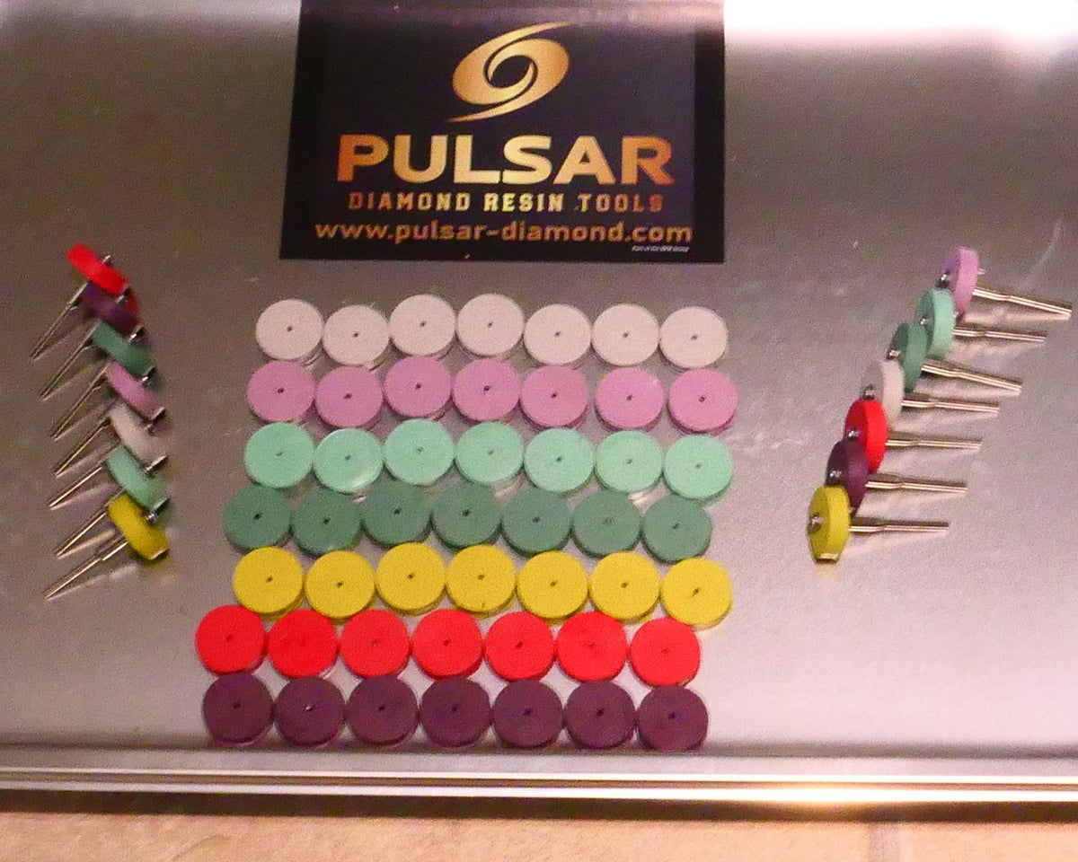 PULSAR DIAMOND® Mini Ripper™ High Purity Diamond Resin Wheels 7 piece Sets 800-1500-3k-6k-10k-15k-30k Grits 2.35mm or 3mm mandrels 22mm Diameter x 5mm Width Soft-Touch Resin Designed for opal  Lapidary Burr For Rotary Tools carving points MADE IN THE UK