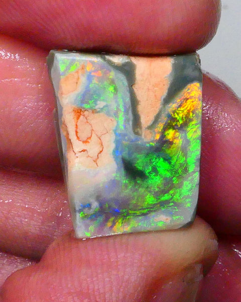 Australian Rub / Rough Dark base opal 13.40cts Lightning Ridge Sharp Very Bright Green / Yellow / Orange dominant Fires 19x15x7mm NSW172
