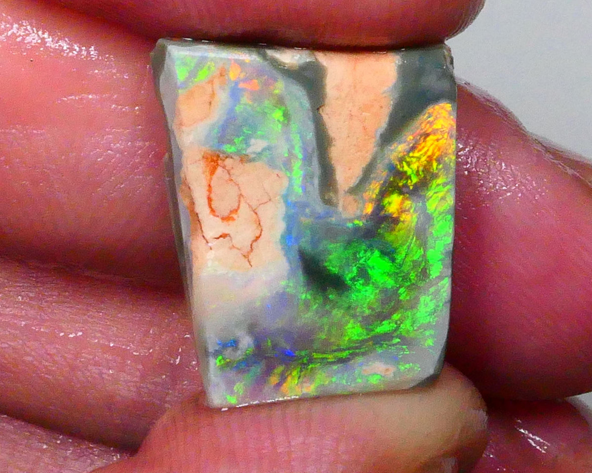Australian Rub / Rough Dark base opal 13.40cts Lightning Ridge Sharp Very Bright Green / Yellow / Orange dominant Fires 19x15x7mm NSW172