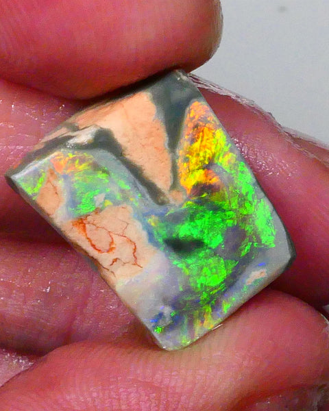 Australian Rub / Rough Dark base opal 13.40cts Lightning Ridge Sharp Very Bright Green / Yellow / Orange dominant Fires 19x15x7mm NSW172