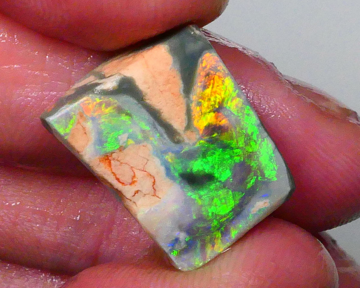 Australian Rub / Rough Dark base opal 13.40cts Lightning Ridge Sharp Very Bright Green / Yellow / Orange dominant Fires 19x15x7mm NSW172