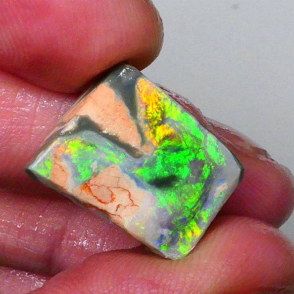 Australian Rub / Rough Dark base opal 13.40cts Lightning Ridge Sharp Very Bright Green / Yellow / Orange dominant Fires 19x15x7mm NSW172