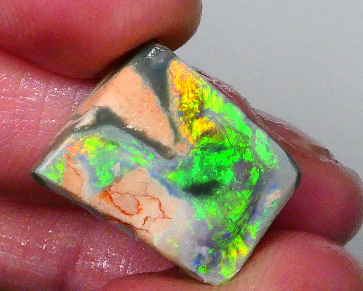 Australian Rub / Rough Dark base opal 13.40cts Lightning Ridge Sharp Very Bright Green / Yellow / Orange dominant Fires 19x15x7mm NSW172
